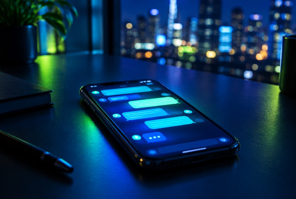 Smartphone on a desk at night showing a chat conversation