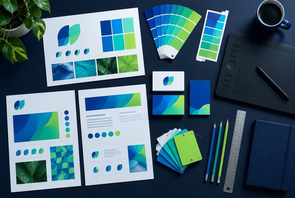 Designer desk with brand identity sheets and blue, cyan and green color swatches