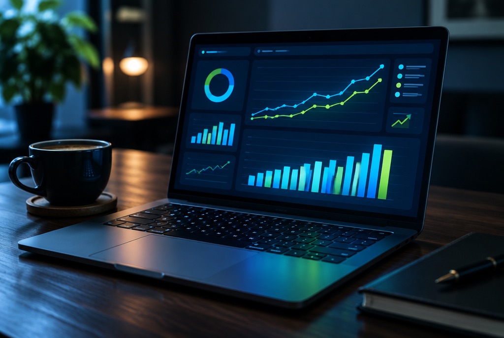 Laptop on a desk showing a marketing dashboard with growing charts