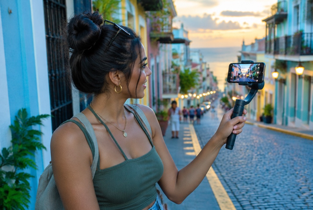 Content creator filming a video with a phone gimbal on a colorful street in Old San Juan