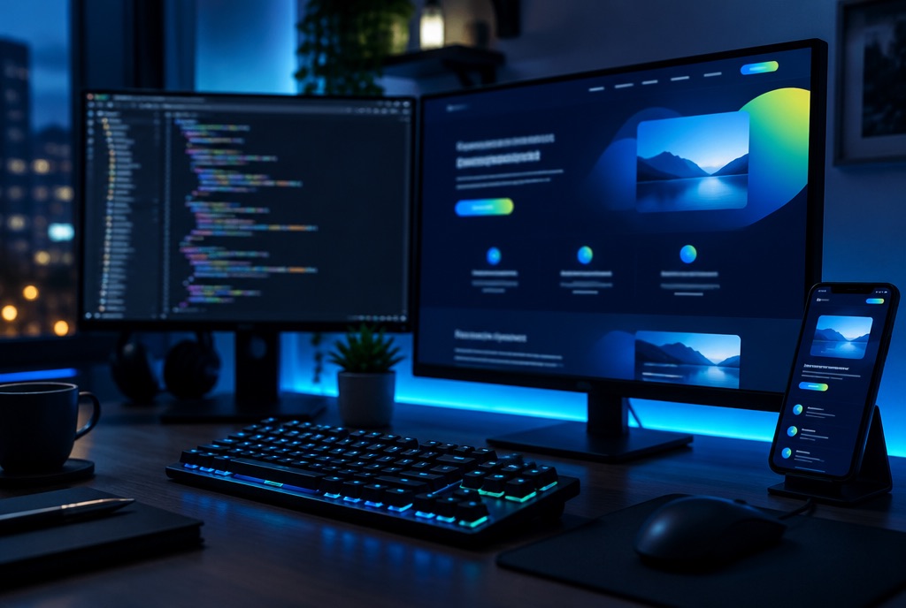 Developer workspace with code on one monitor and a website design on another